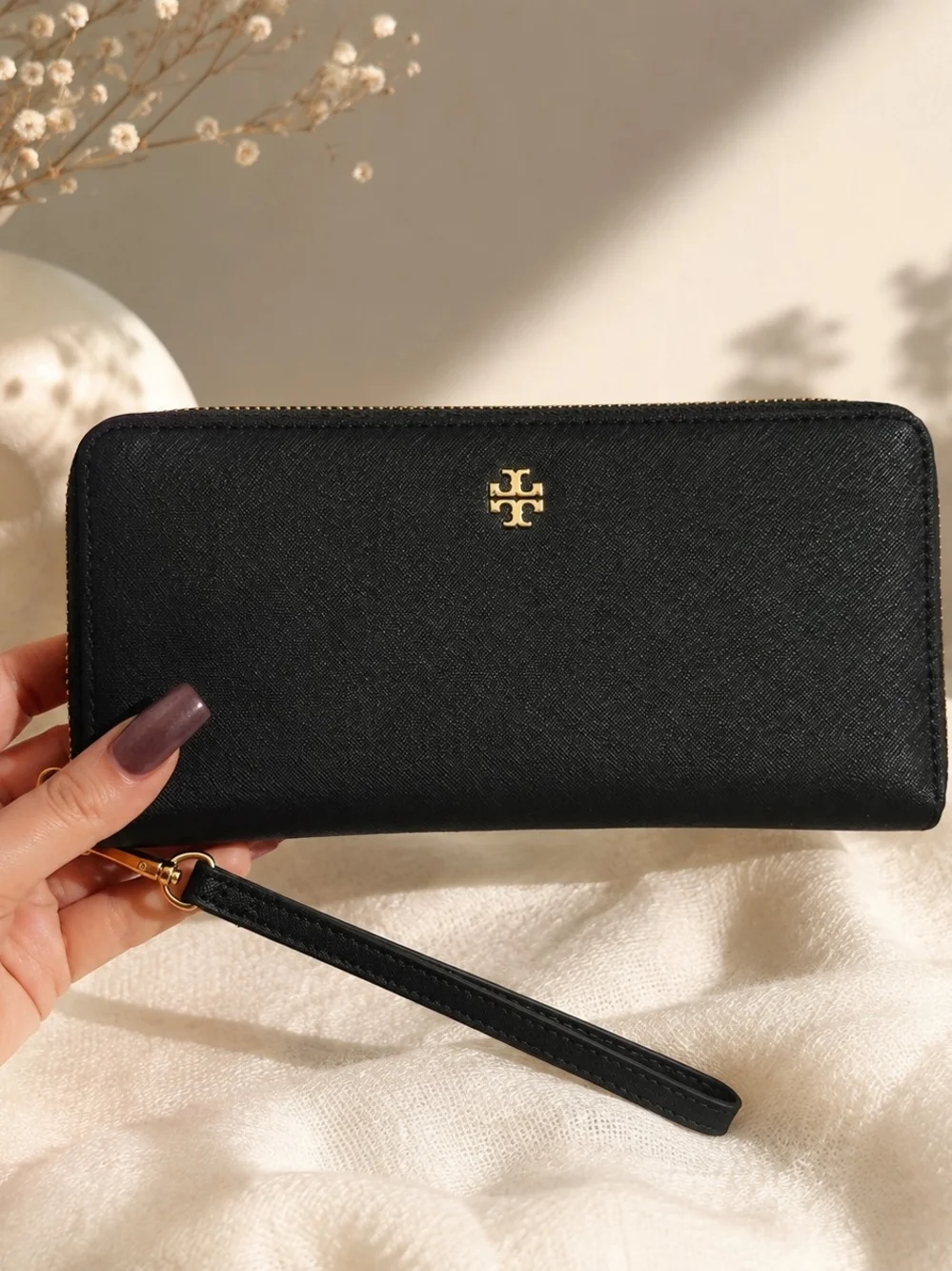 Tory Burch Black Leather Zip-Around Wristlet Wallet with Gold Logo